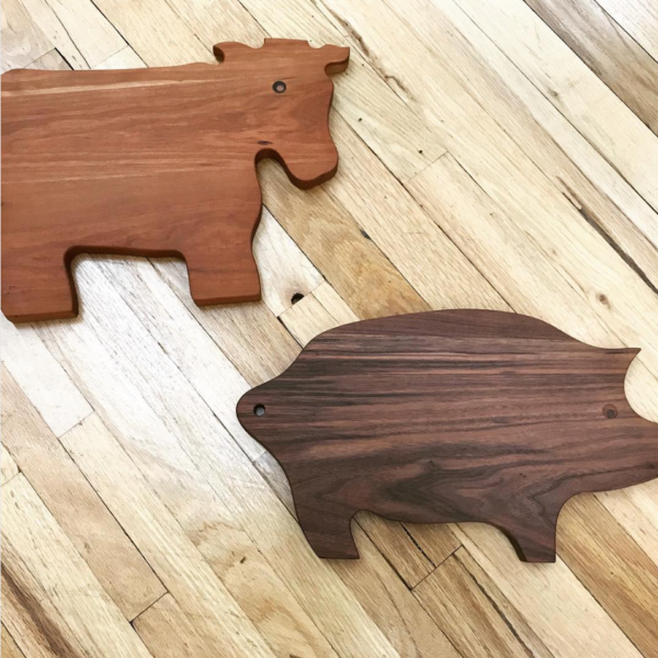 Cow and pig shaped wooden cutting boards