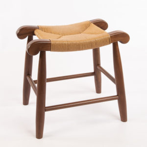 Saddle stool with solid wood legs and fiber rush seat
